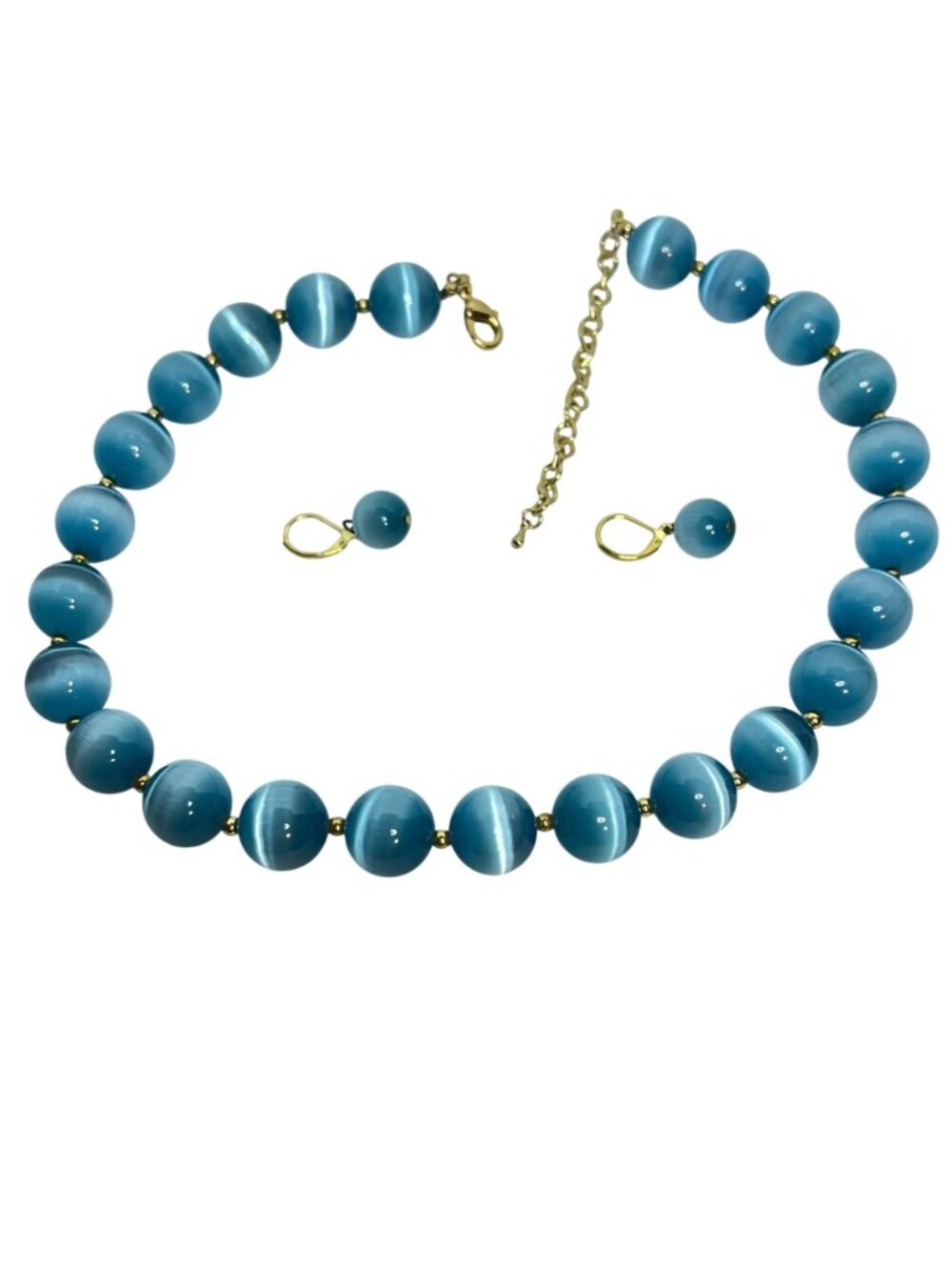 Blue Cats Eye Beaded Necklace W/ Gold Tone Accents And Pierced Earrings (6394) - Picture 10 of 13